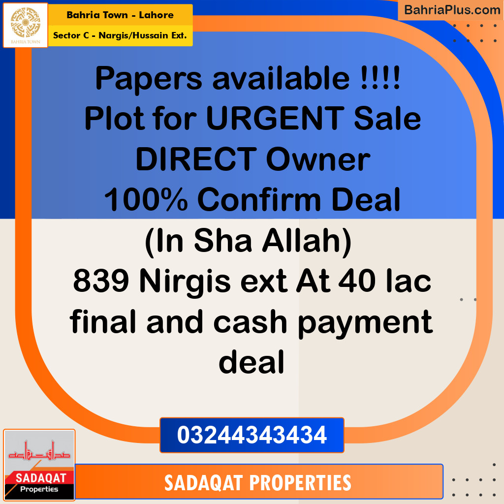 Residential Plot for Sale in Sector C - Nargis/Hussain Ext. -  Bahria Town, Lahore - (BP-175340)