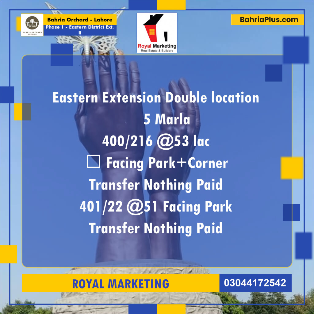 Residential Plot for Sale in Phase 1 - Eastern District Ext. II -  Bahria Orchard, Lahore - (BP-175383)