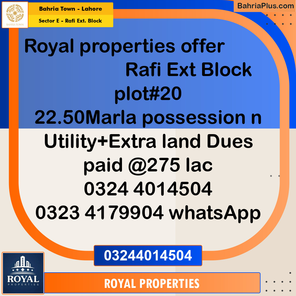 Residential Plot for Sale in Sector E - Rafi Ext. Block -  Bahria Town, Lahore - (BP-175473)