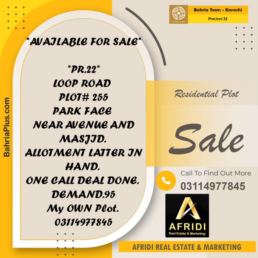 250 Sq. Yards Residential Plot for Sale in Precinct 22 -  Bahria Town, Karachi - (BP-175559)