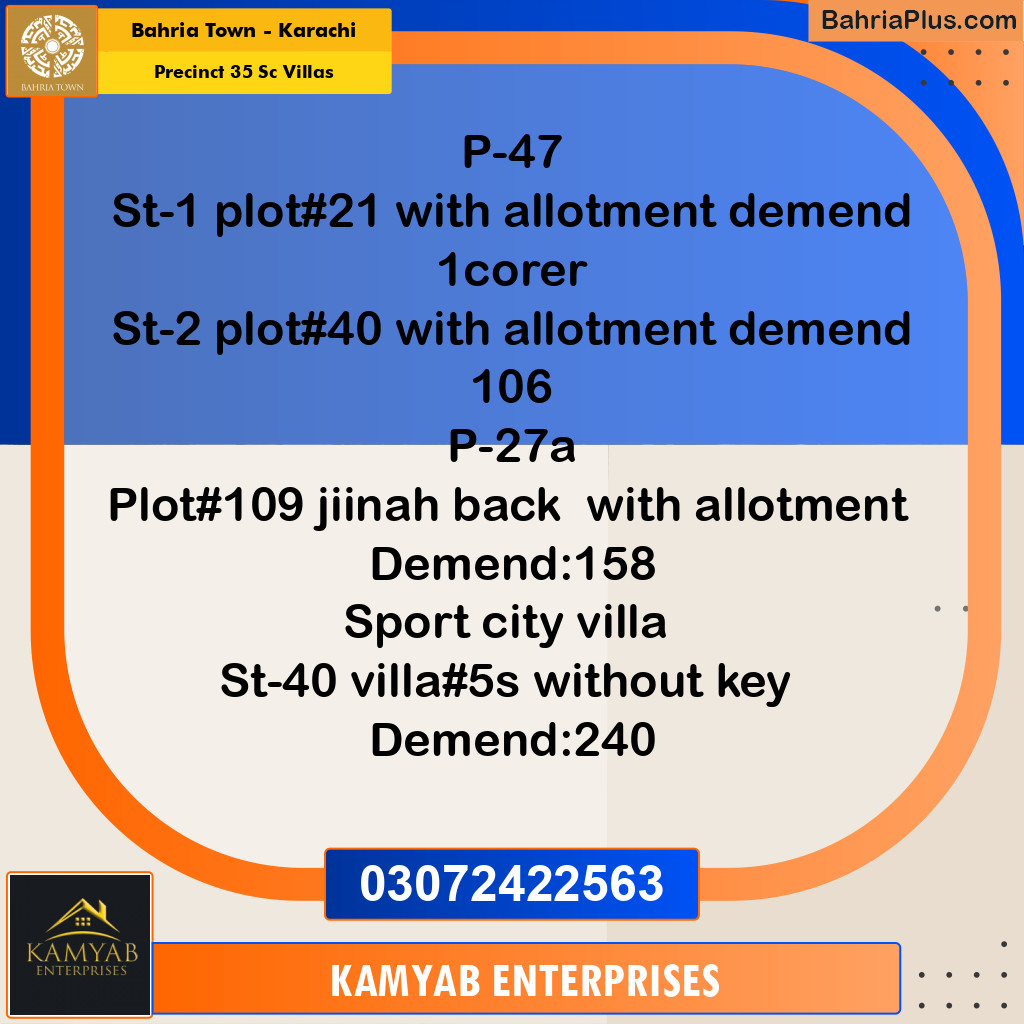 350 Sq. Yards Residential Plot for Sale in Precinct 35 SC Villas -  Bahria Town, Karachi - (BP-175662)