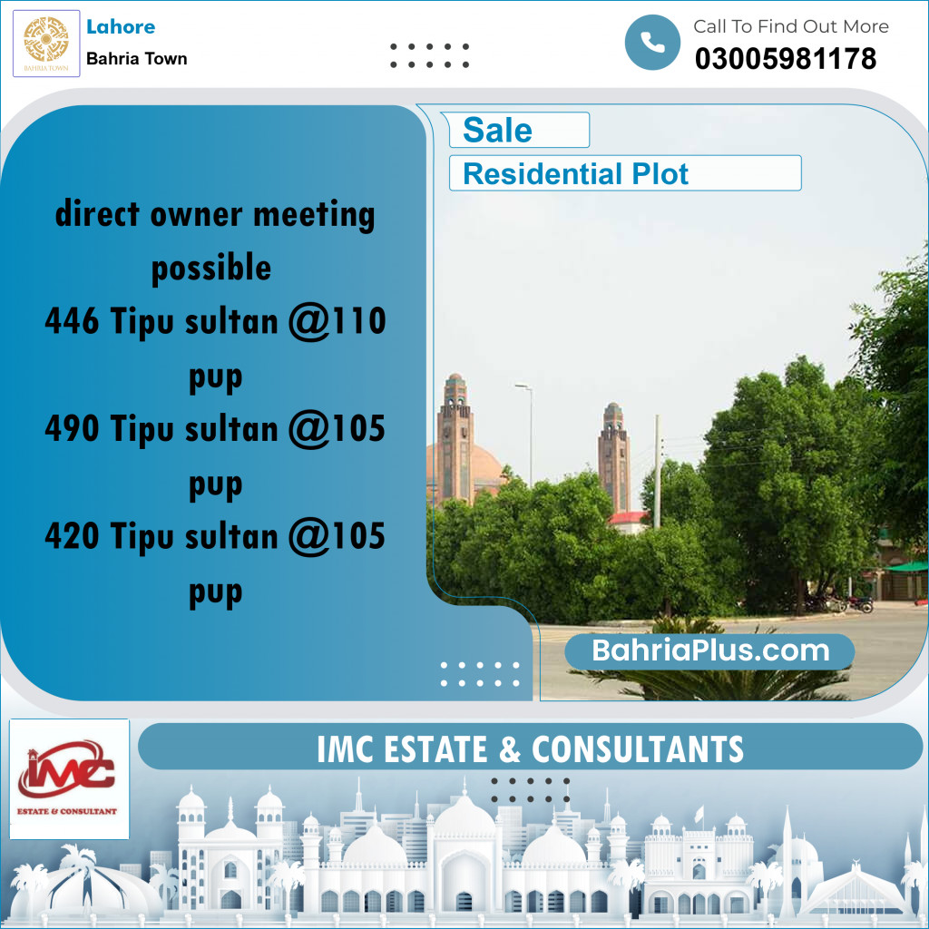 Residential Plot for Sale in Sector F - Tipu Sultan Block -  Bahria Town, Lahore - (BP-175796)