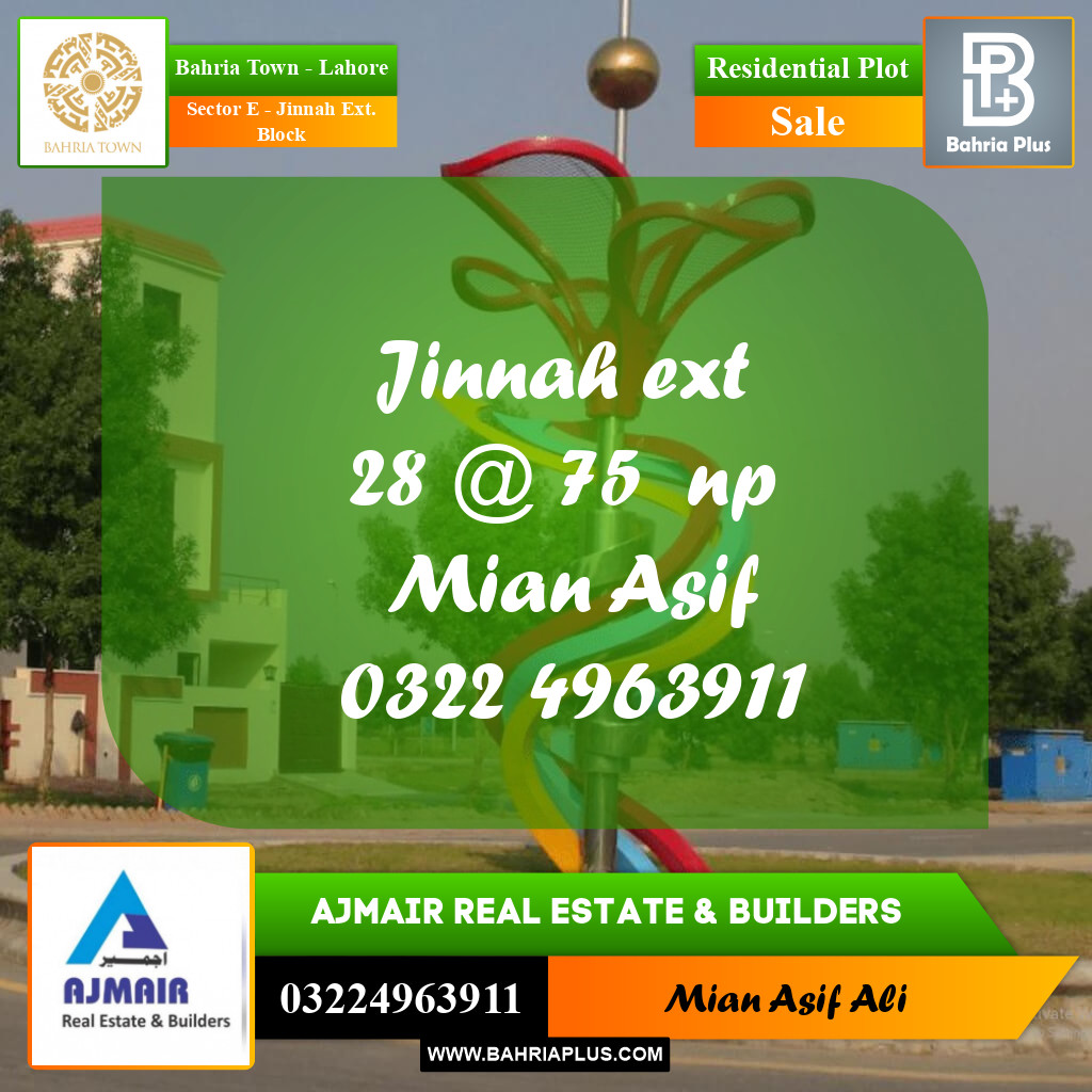 Residential Plot for Sale in Sector E - Jinnah Ext. Block - Bahria Town, Lahore - (BP-175868)