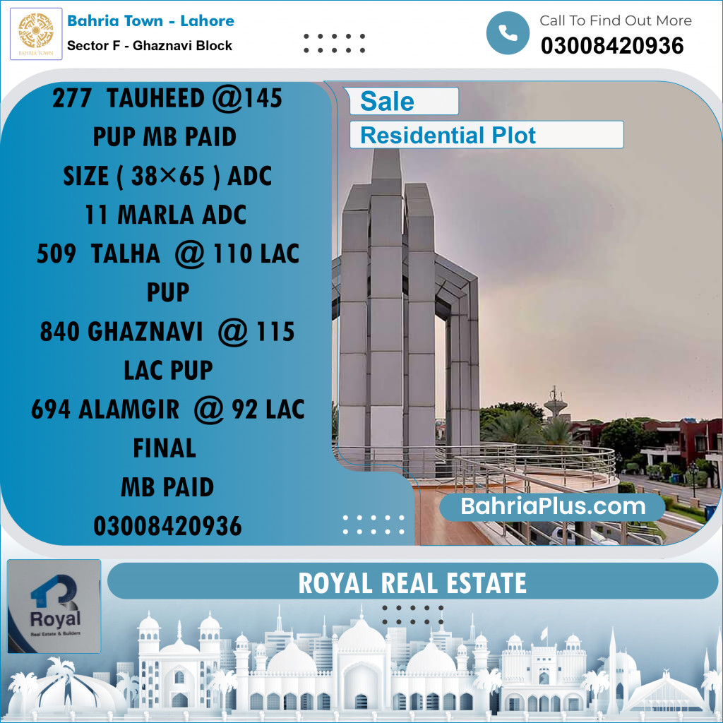 Residential Plot for Sale in Sector F - Ghaznavi Block -  Bahria Town, Lahore - (BP-176125)