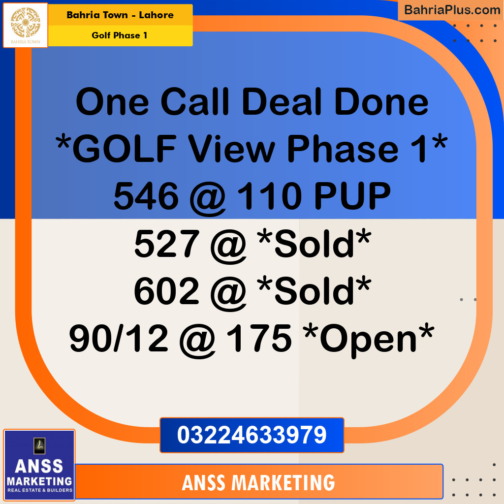 Residential Plot for Sale in Golf Phase 1 -  Bahria Town, Lahore - (BP-176197)