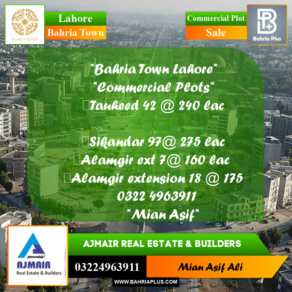 Commercial Plot for Sale in Sector F - Tauheed Block -  Bahria Town, Lahore - (BP-176337)