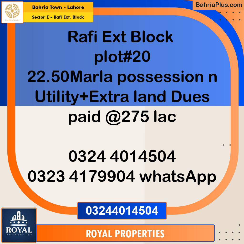 Residential Plot for Sale in Sector E - Rafi Ext. Block -  Bahria Town, Lahore - (BP-176410)
