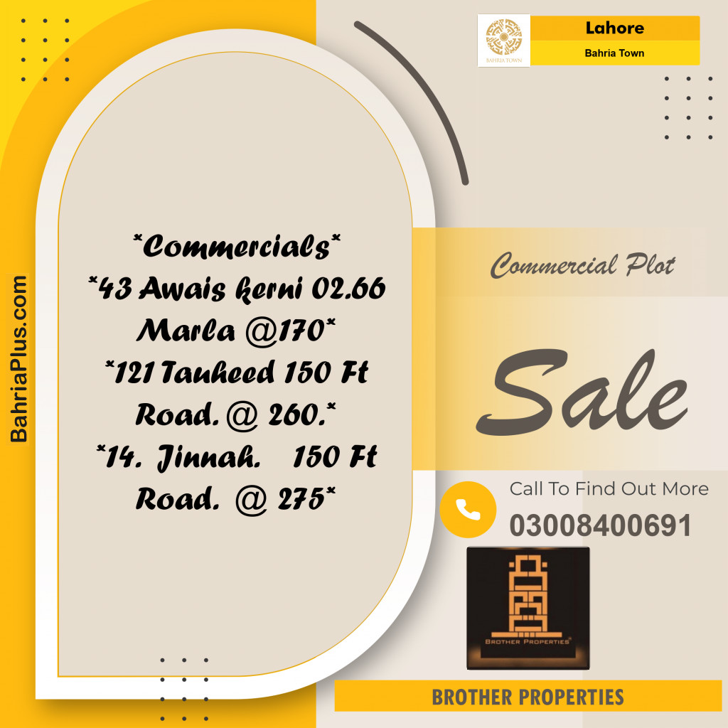 Commercial Plot for Sale in Sector B - Awais Qarni -  Bahria Town, Lahore - (BP-176474)