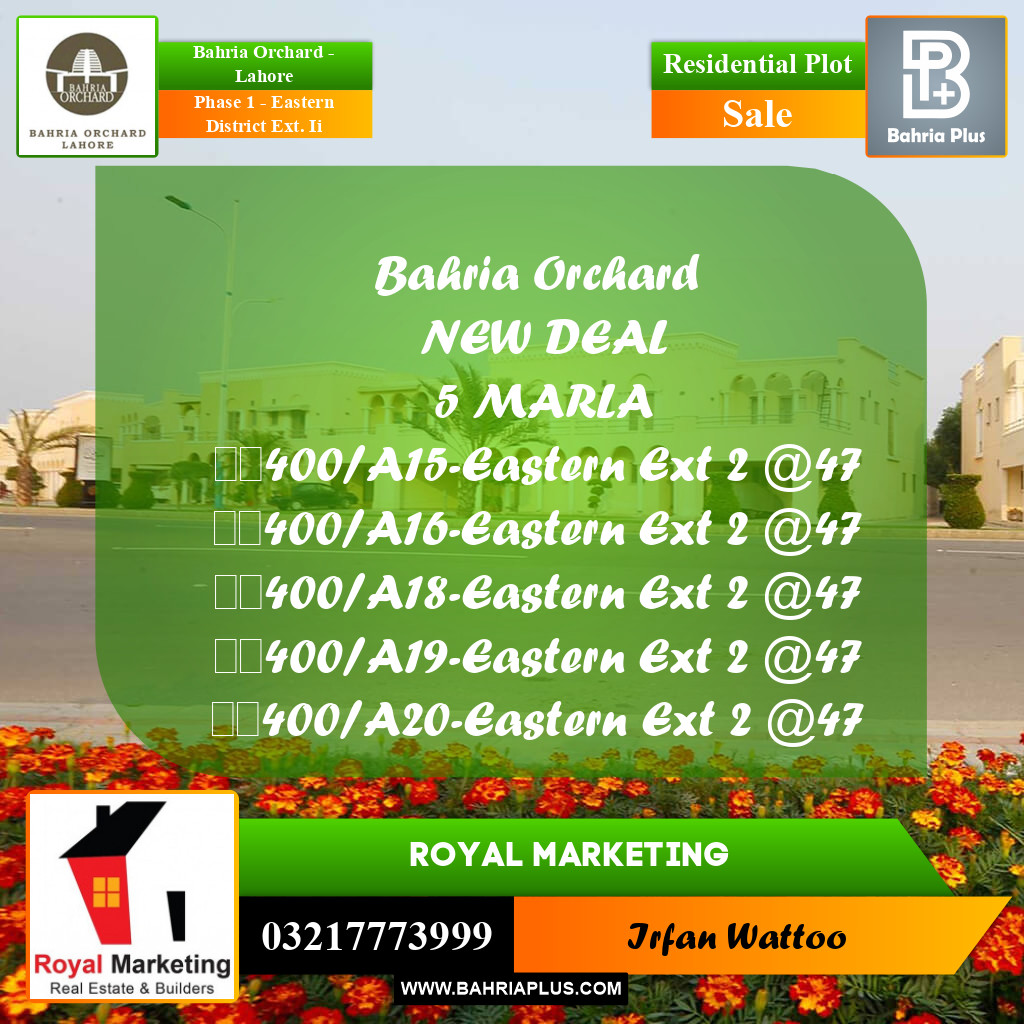 Residential Plot for Sale in Phase 1 - Eastern District Ext. II -  Bahria Orchard, Lahore - (BP-176592)