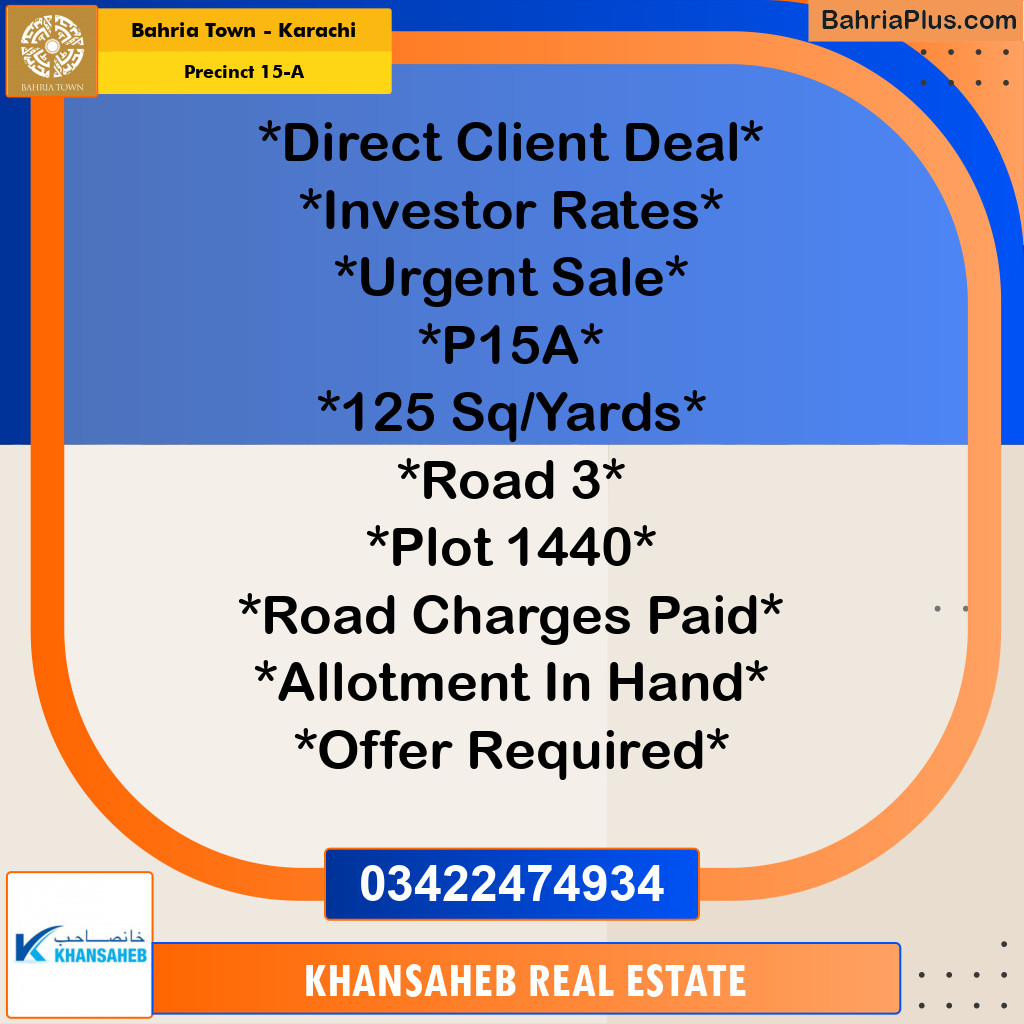 125 Sq. Yards Residential Plot for Sale in Precinct 15-A - Bahria Town, Karachi - (BP-176606)