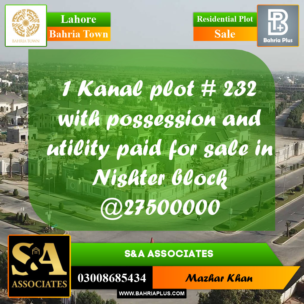 Residential Plot for Sale in Sector E - Nishtar Block -  Bahria Town, Lahore - (BP-176620)