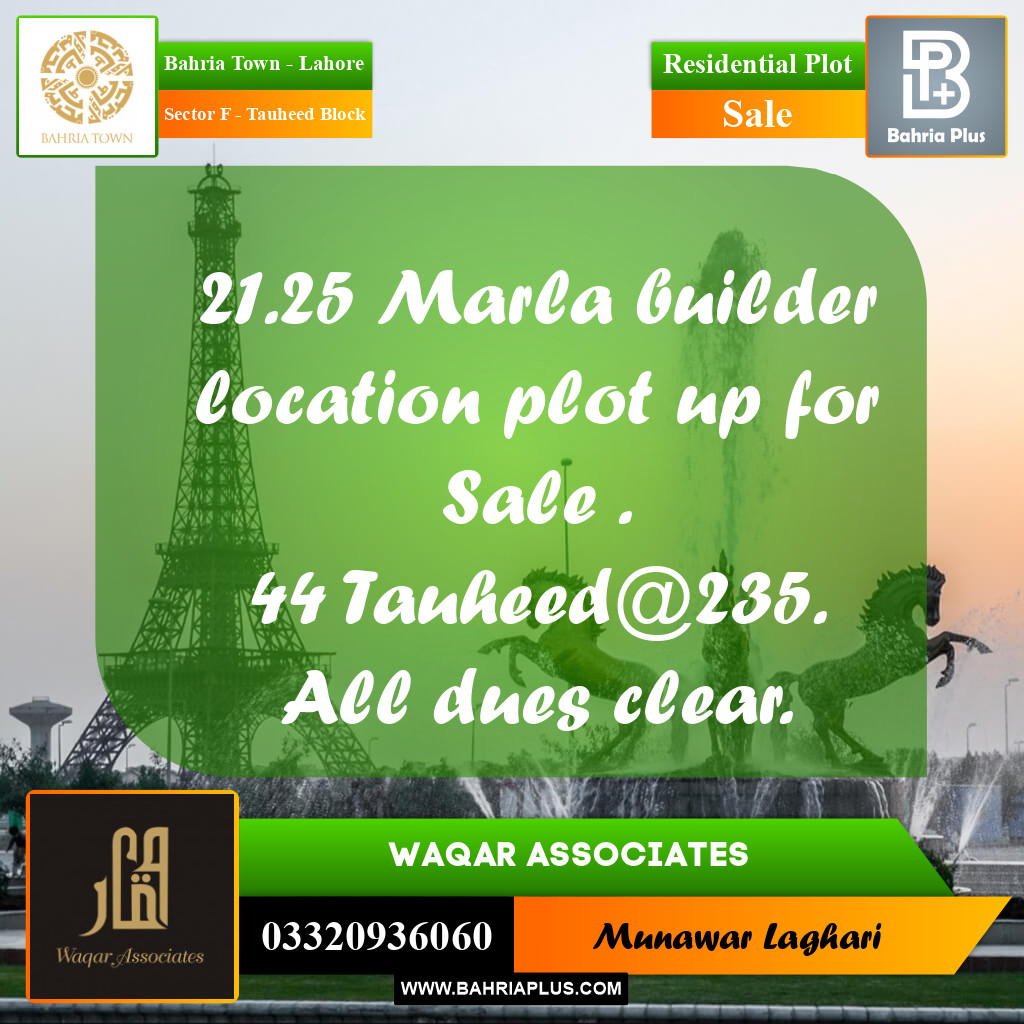 Residential Plot for Sale in Sector F - Tauheed Block -  Bahria Town, Lahore - (BP-177026)