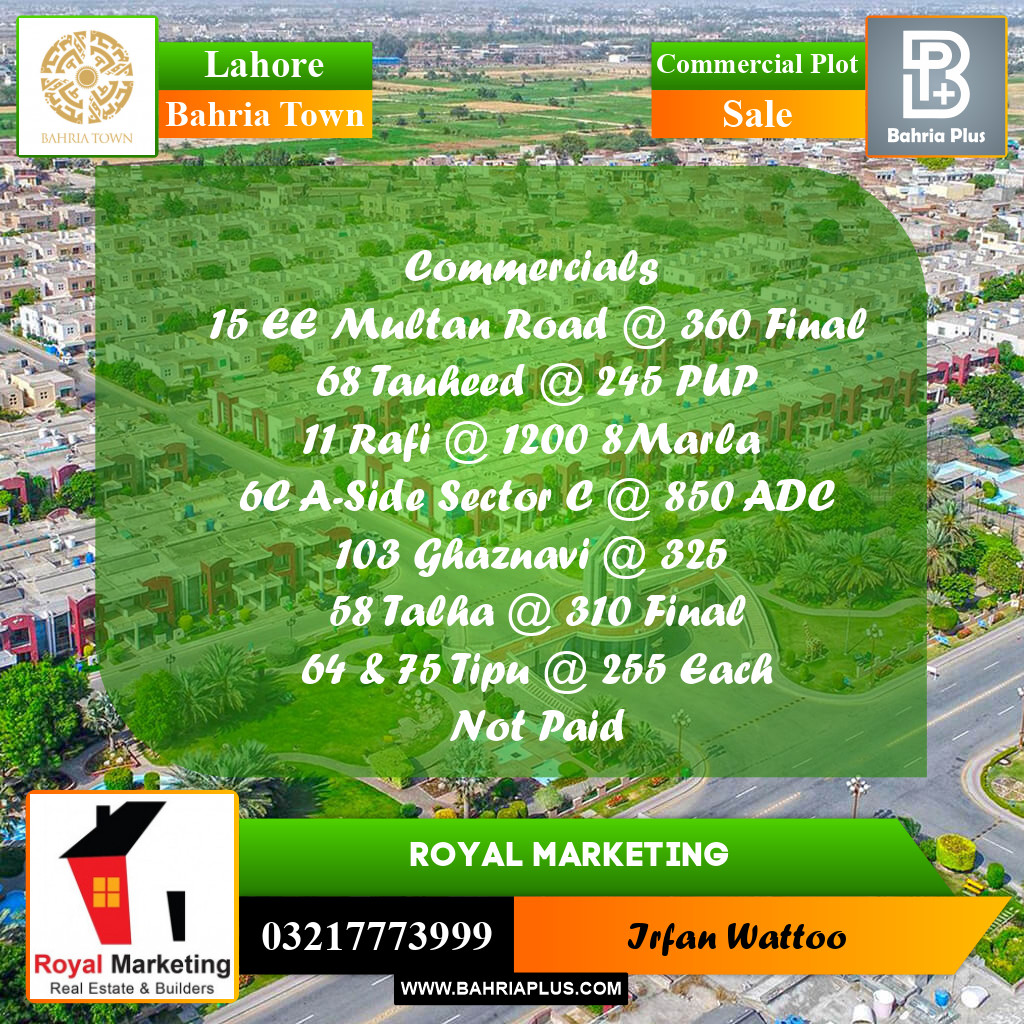 Commercial Plot for Sale in Sector D - EE Multan Block - Bahria Town, Lahore - (BP-177041)
