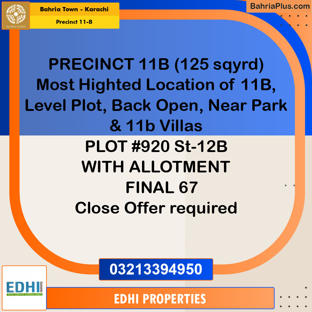 125 Sq. Yards Residential Plot for Sale in Precinct 11-B -  Bahria Town, Karachi - (BP-177049)