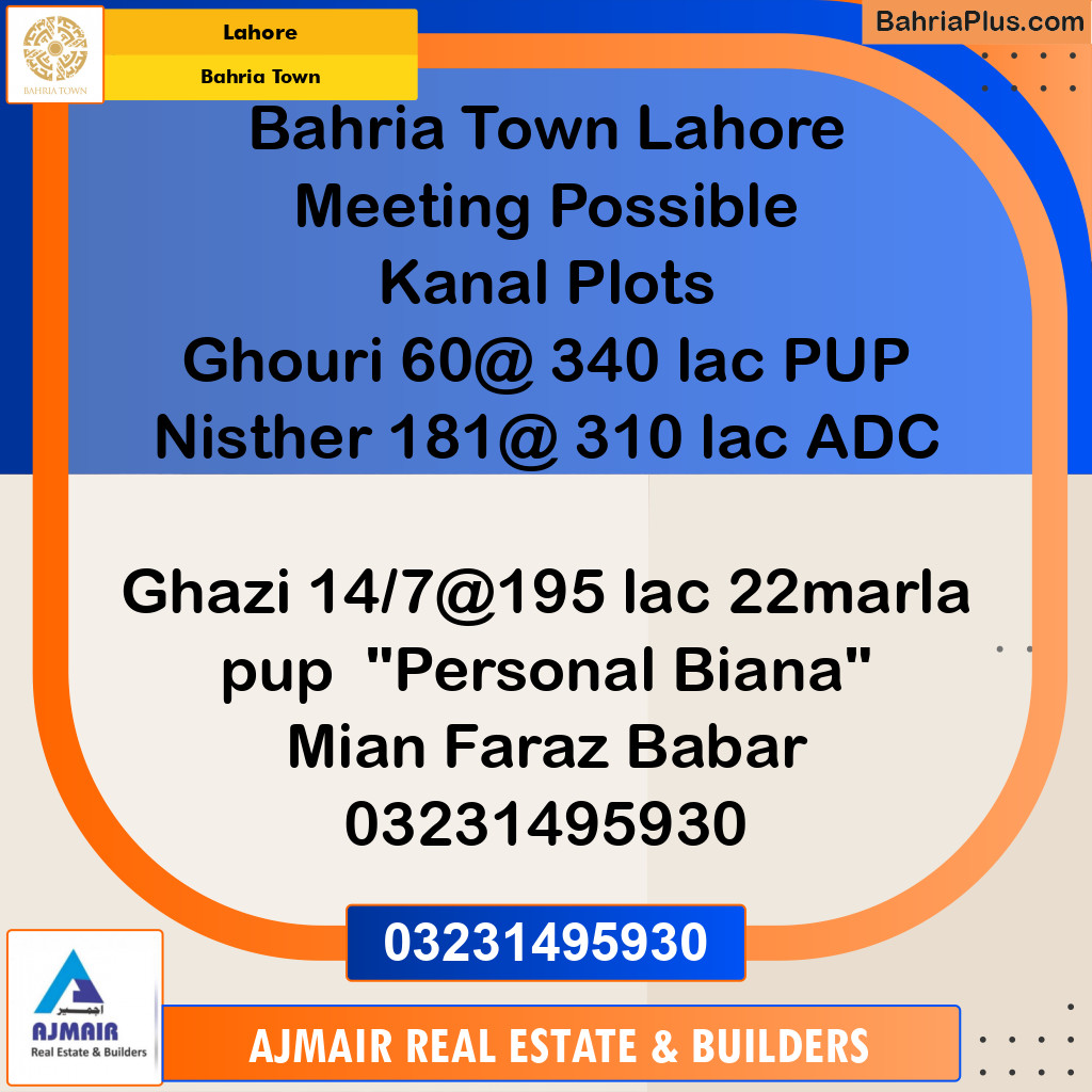 Residential Plot for Sale in Sector B - Ghouri Block - Bahria Town, Lahore - (BP-177195)