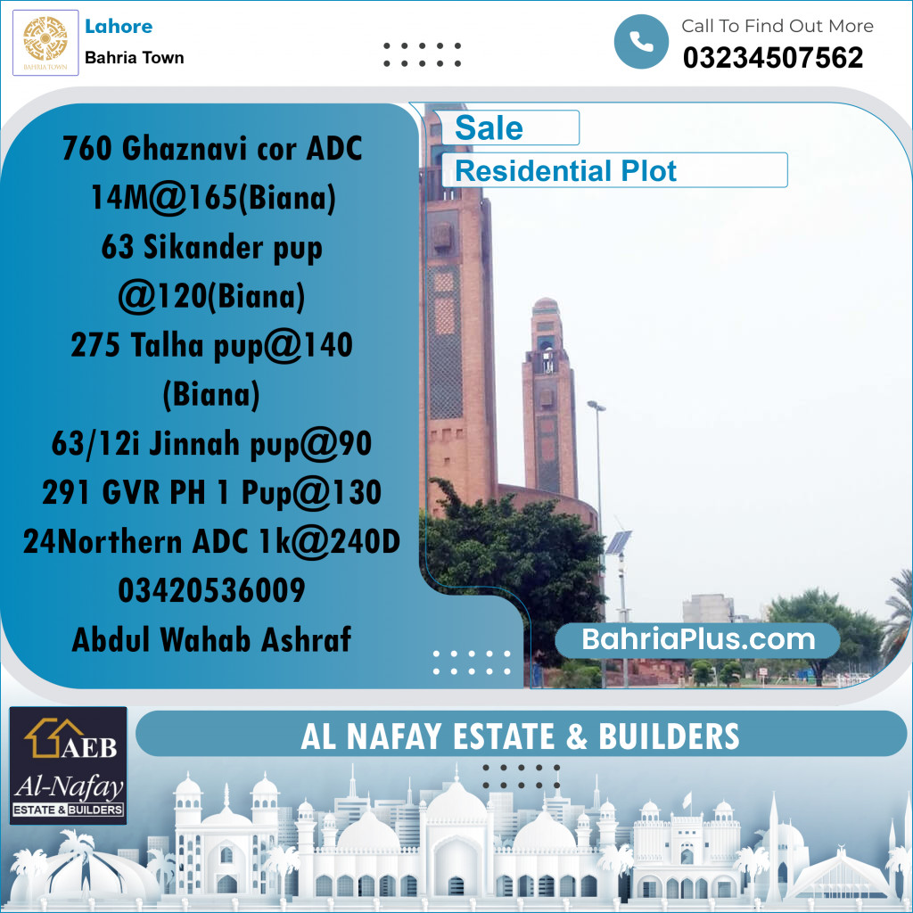 Residential Plot for Sale in Sector F - Ghaznavi Block -  Bahria Town, Lahore - (BP-177299)
