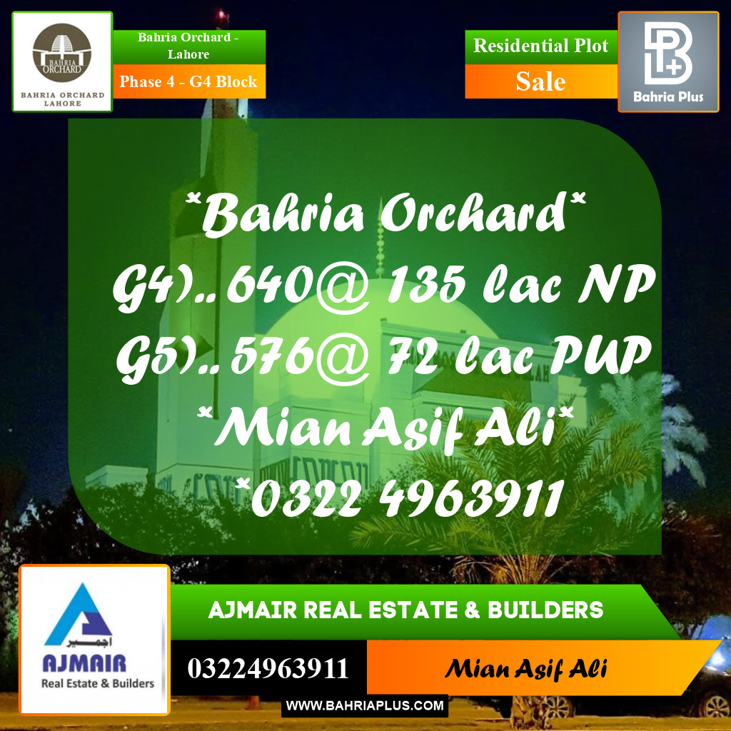 Residential Plot for Sale in Phase 4 - G4 Block -  Bahria Orchard, Lahore - (BP-177335)