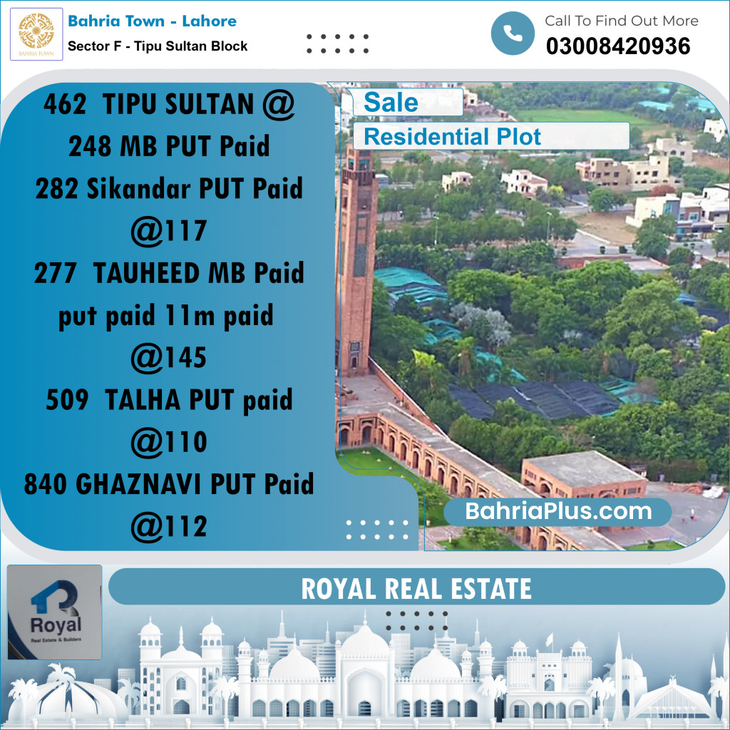 Residential Plot for Sale in Sector F - Tipu Sultan Block - Bahria Town, Lahore - (BP-177445)