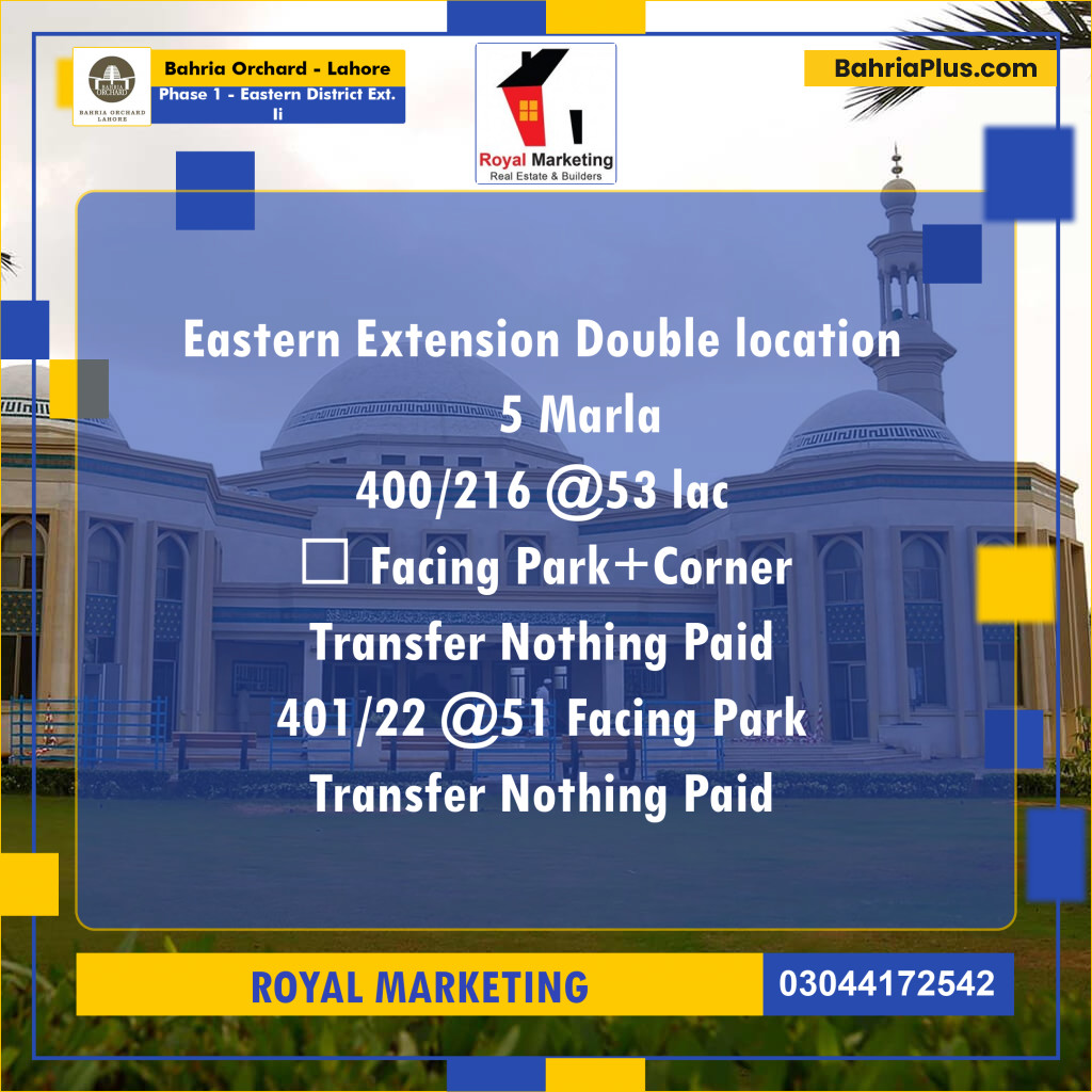 Residential Plot for Sale in Phase 1 - Eastern District Ext. II -  Bahria Orchard, Lahore - (BP-177704)