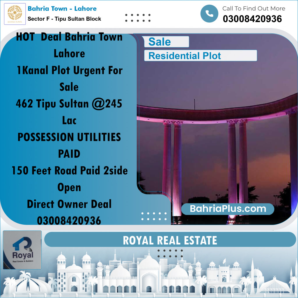Residential Plot for Sale in Sector F - Tipu Sultan Block -  Bahria Town, Lahore - (BP-177731)
