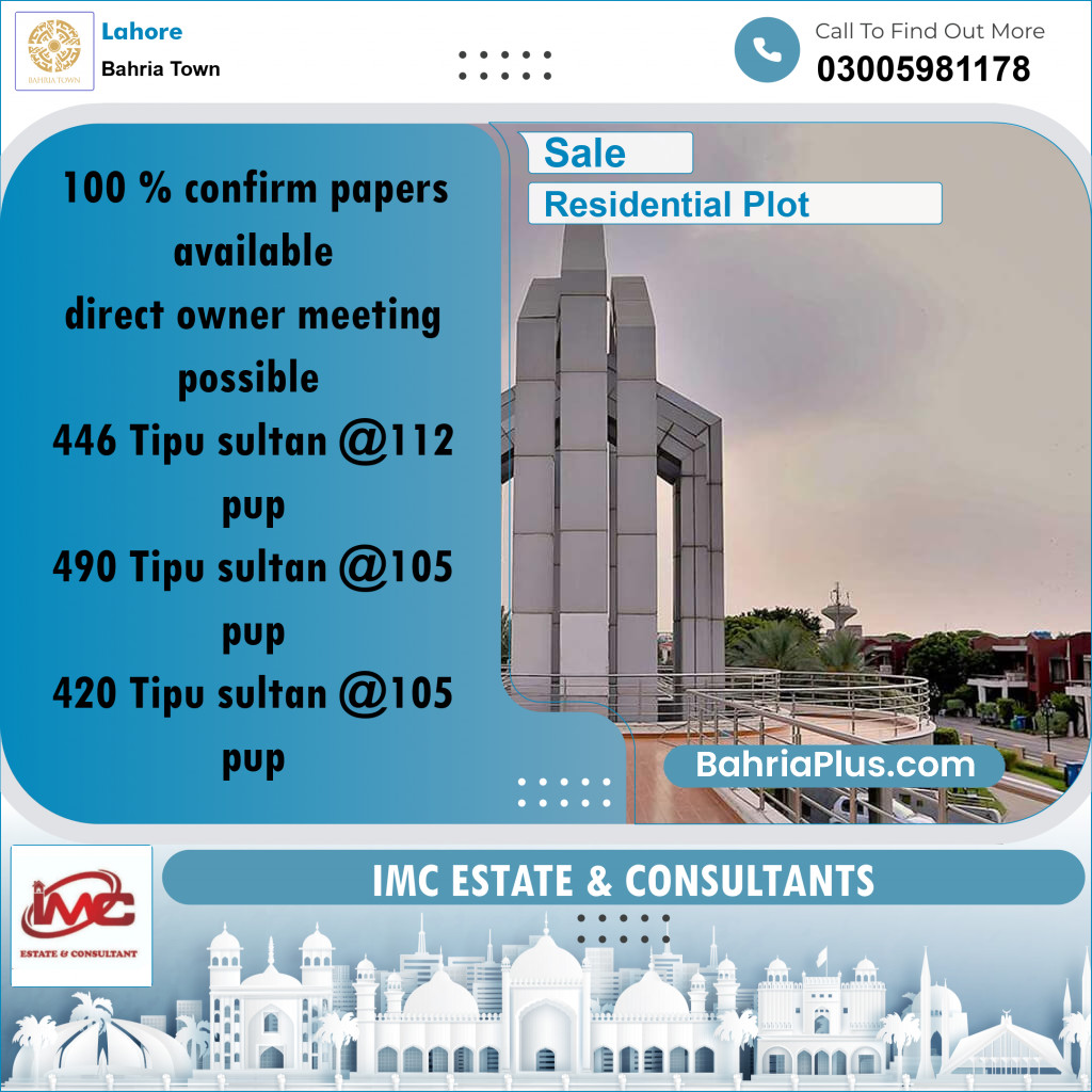 Residential Plot for Sale in Sector F - Tipu Sultan Block -  Bahria Town, Lahore - (BP-177732)