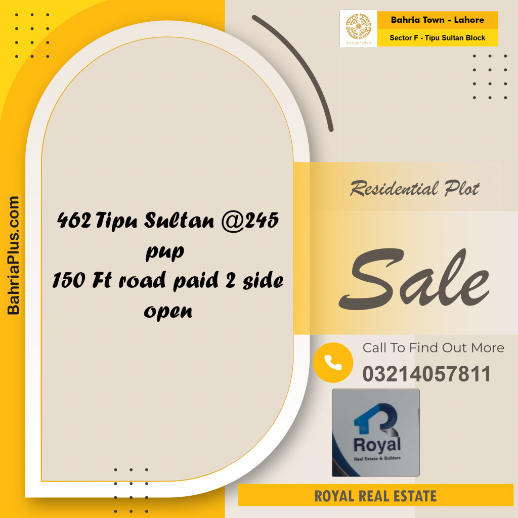 Residential Plot for Sale in Sector F - Tipu Sultan Block -  Bahria Town, Lahore - (BP-177735)