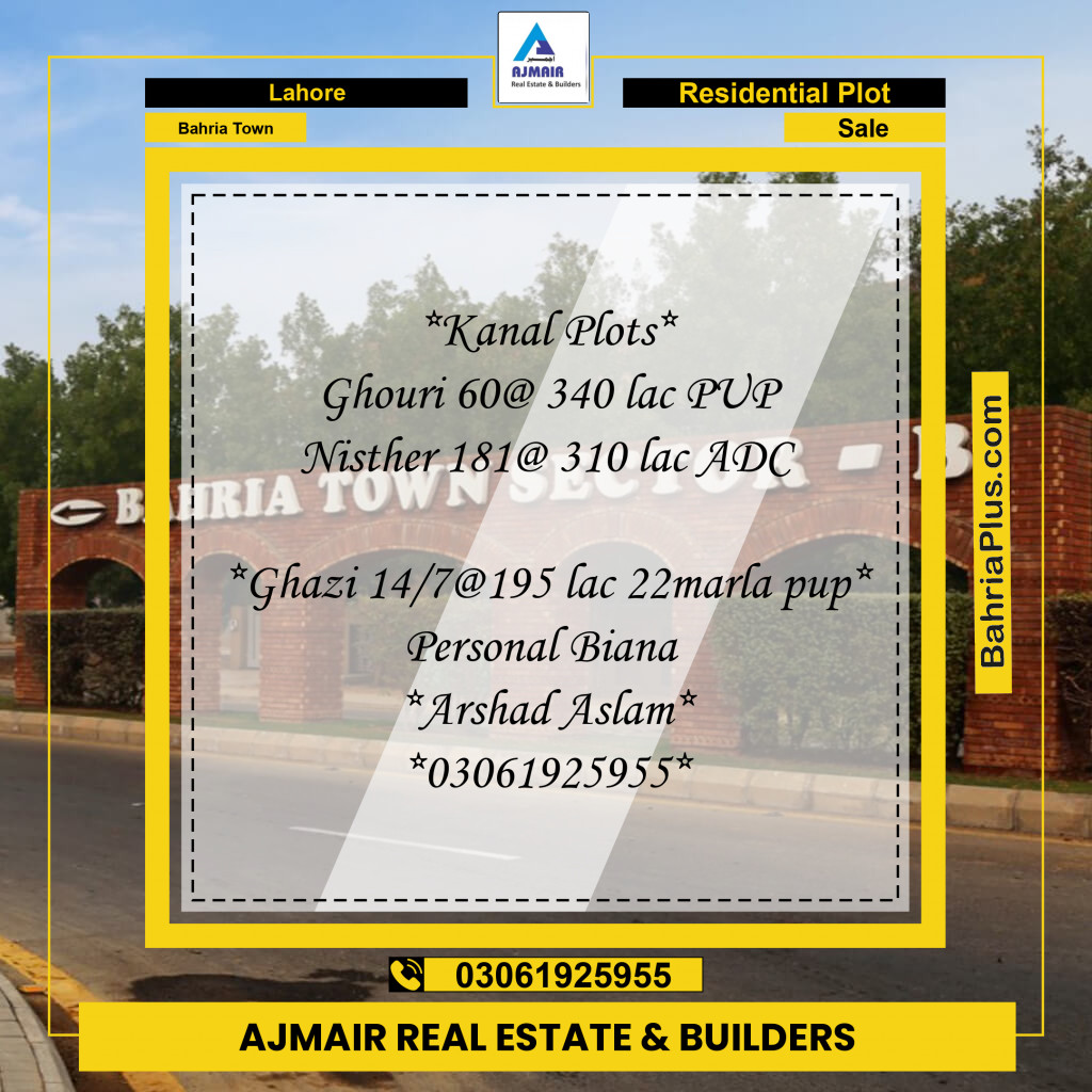 Residential Plot for Sale in Sector B - Ghouri Block -  Bahria Town, Lahore - (BP-177751)