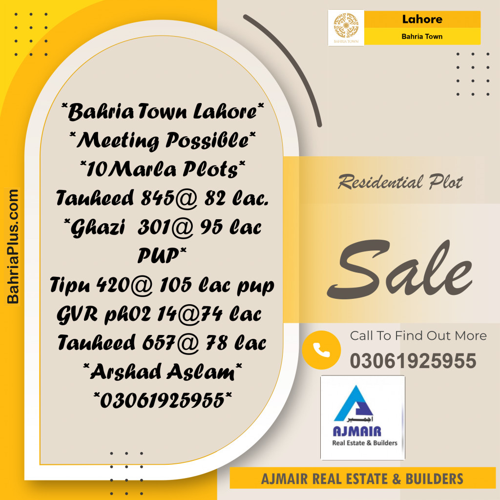 Residential Plot for Sale in Sector F - Tauheed Block - Bahria Town, Lahore - (BP-178153)
