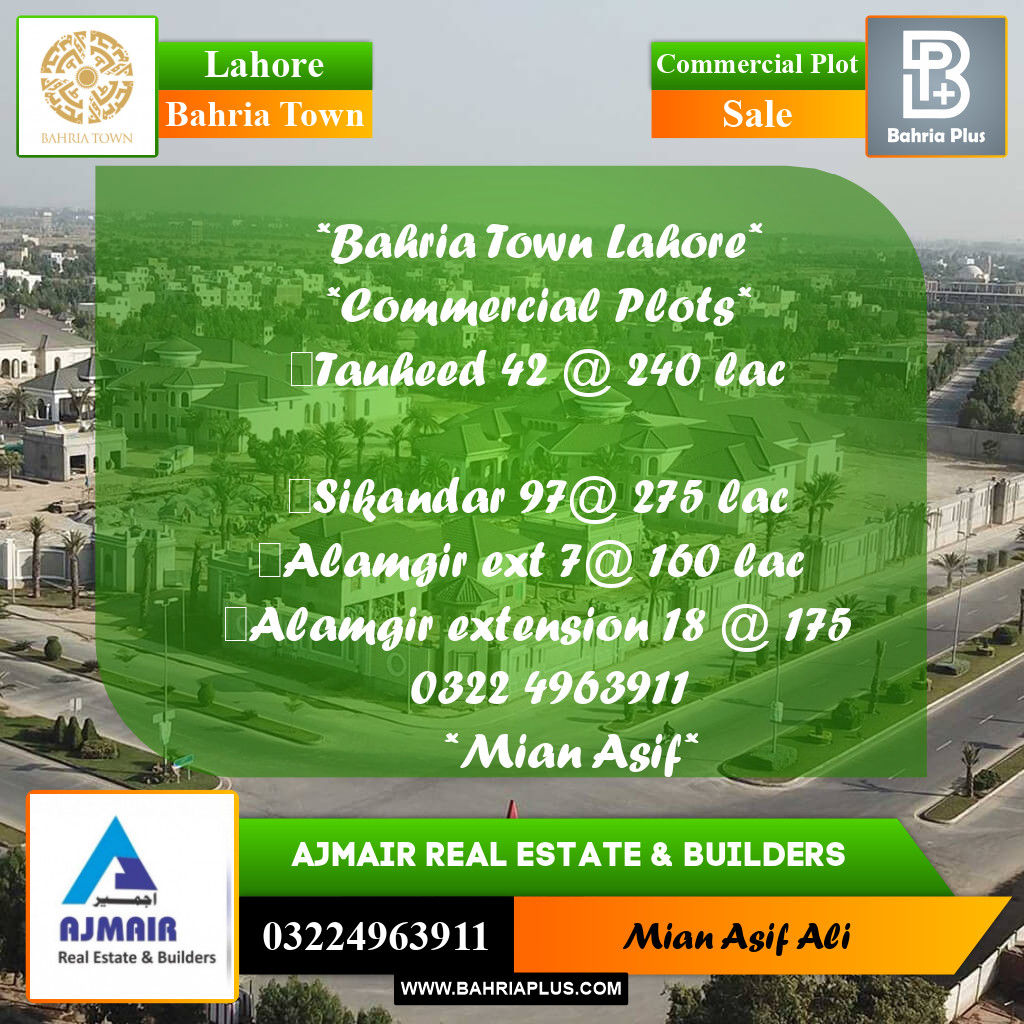 Commercial Plot for Sale in Sector F - Tauheed Commercial - Bahria Town, Lahore - (BP-178194)