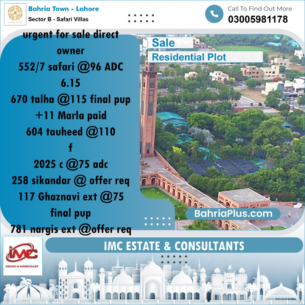 Residential Plot for Sale in Sector B - Safari Villas -  Bahria Town, Lahore - (BP-178274)