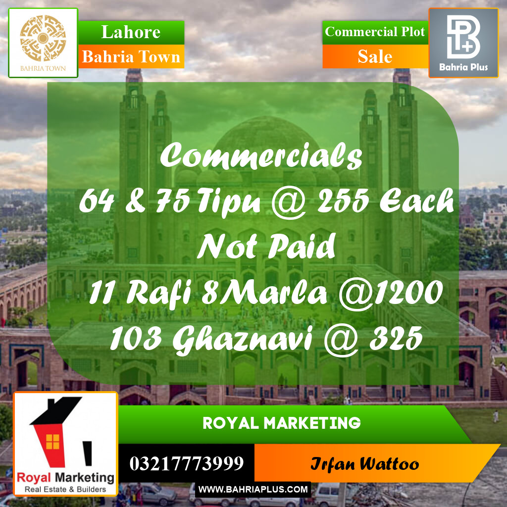 Commercial Plot for Sale in Sector F - Tipu Sultan Block -  Bahria Town, Lahore - (BP-178323)
