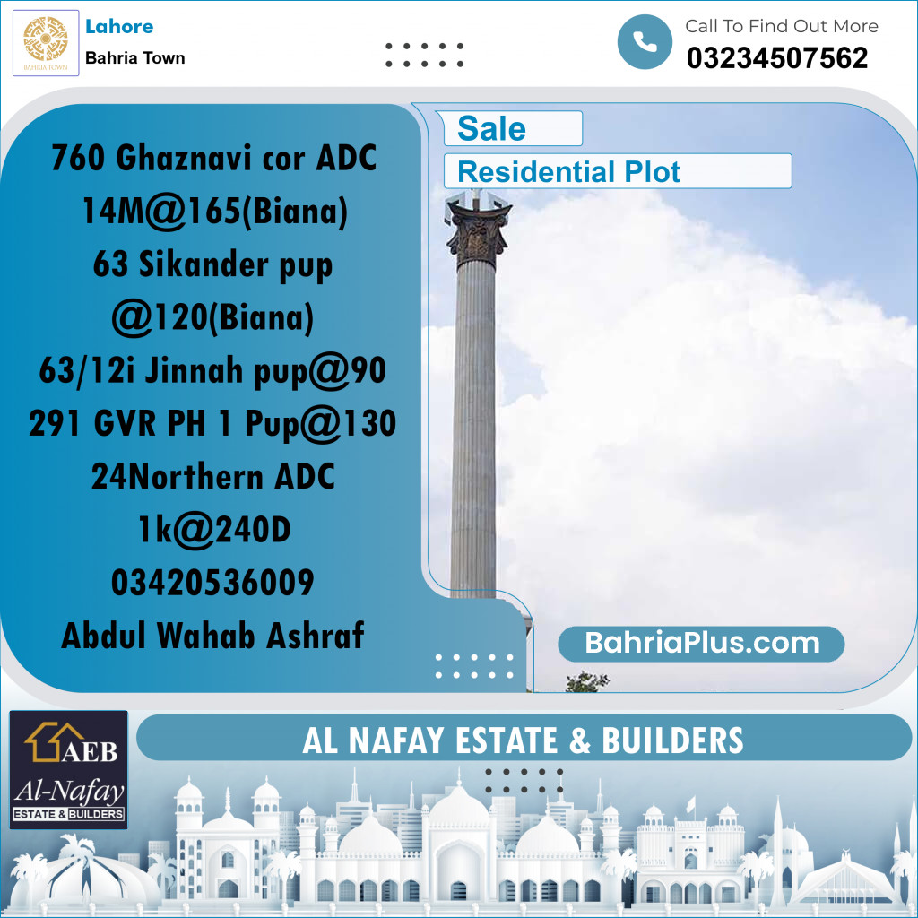 Residential Plot for Sale in Sector F - Ghaznavi Block -  Bahria Town, Lahore - (BP-178328)