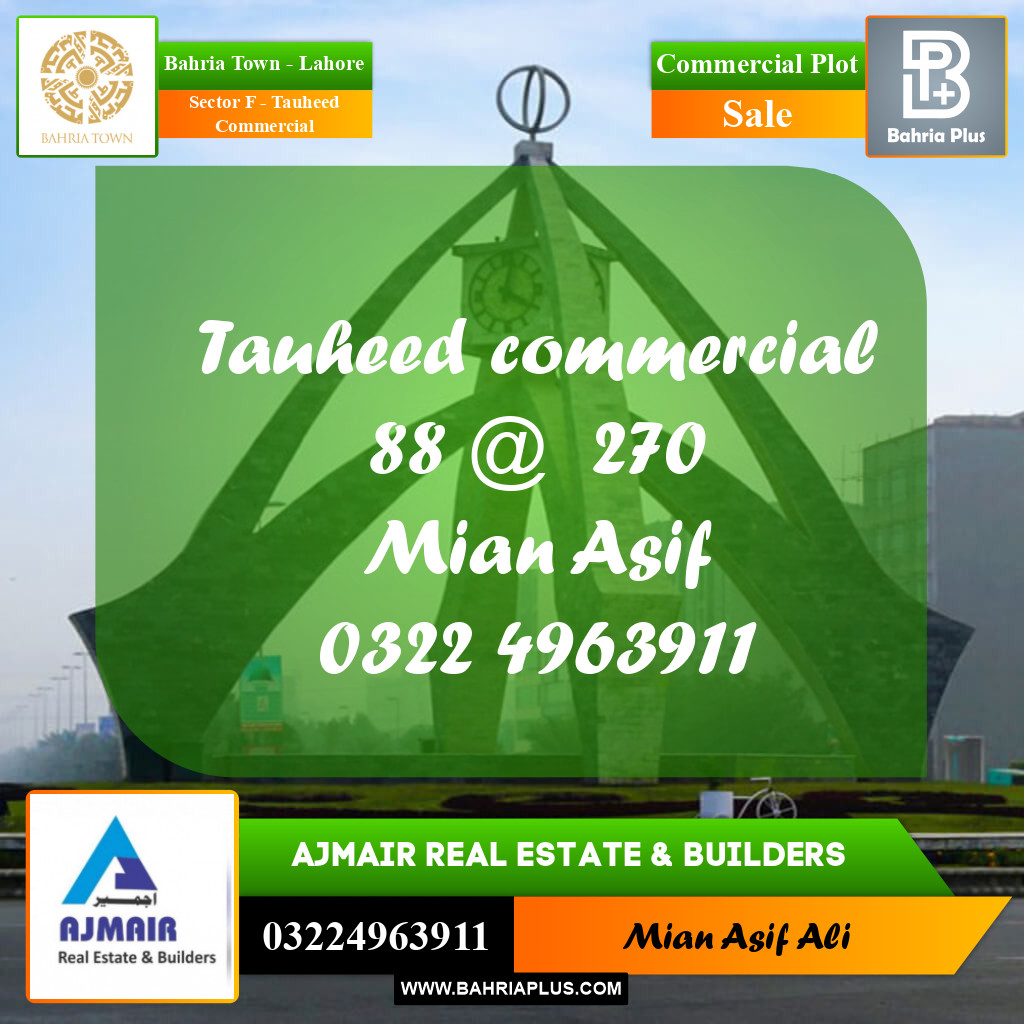 Commercial Plot for Sale in Sector F - Tauheed Commercial -  Bahria Town, Lahore - (BP-178497)