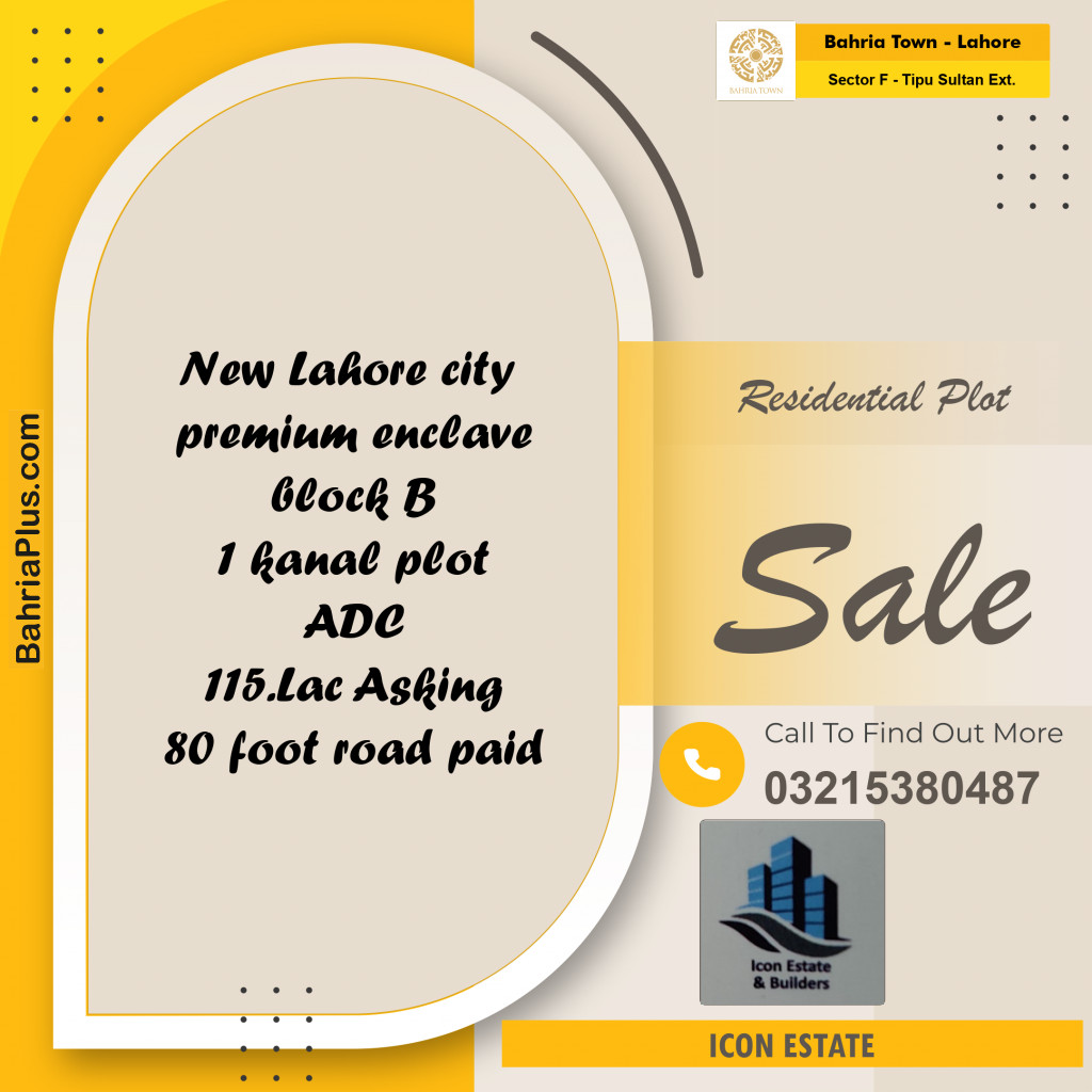 Residential Plot for Sale in Sector F - Tipu Sultan Ext. -  Bahria Town, Lahore - (BP-178520)