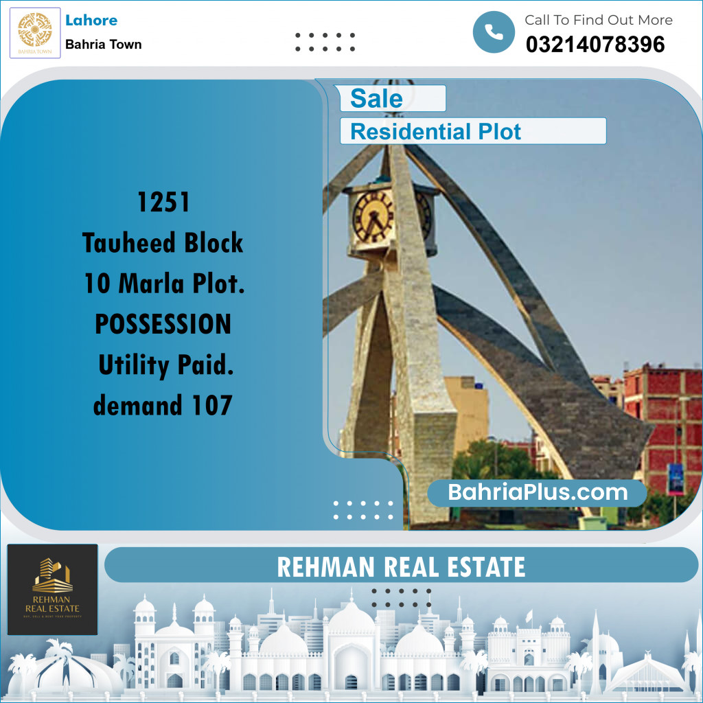 Residential Plot for Sale in Sector F - Tauheed Block -  Bahria Town, Lahore - (BP-178536)