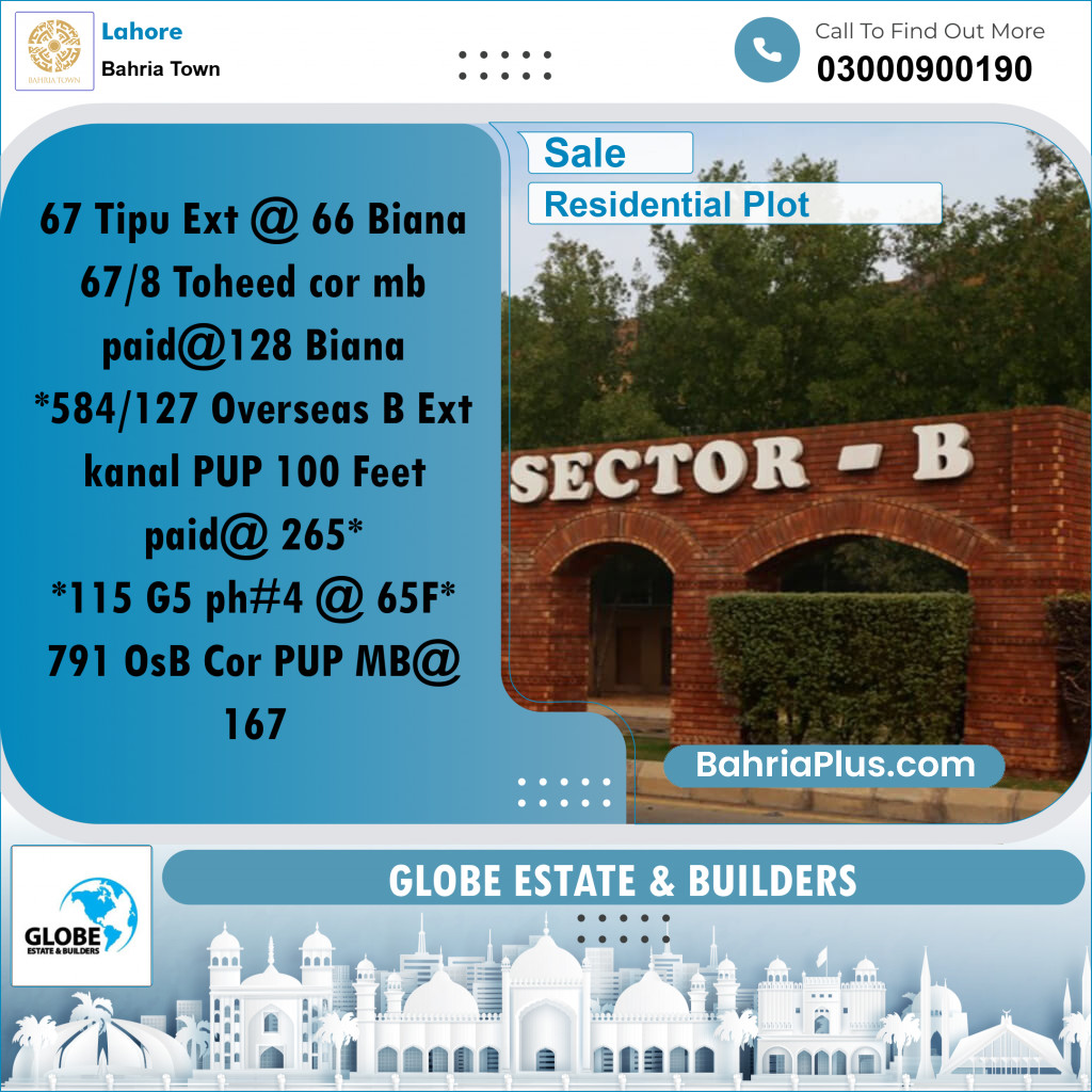 Residential Plot for Sale in Sector F - Tipu Sultan Ext. -  Bahria Town, Lahore - (BP-178730)