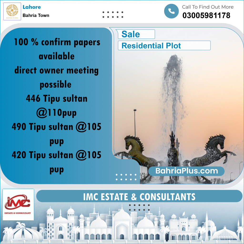 Residential Plot for Sale in Sector F - Tipu Sultan Block -  Bahria Town, Lahore - (BP-178821)