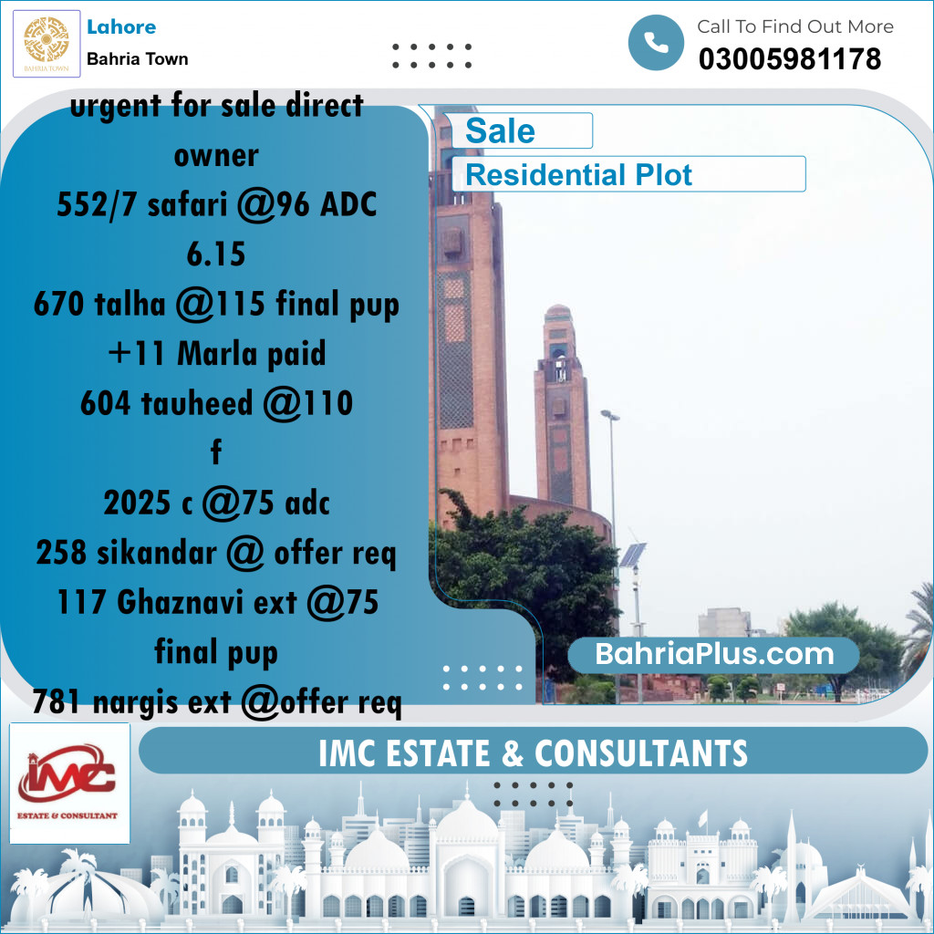 Residential Plot for Sale in Sector B - Safari Villas - Bahria Town, Lahore - (BP-178823)