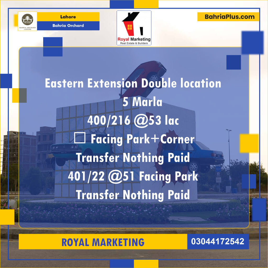 Residential Plot for Sale in Phase 1 - Eastern District Ext. II - Bahria Orchard, Lahore - (BP-178836)