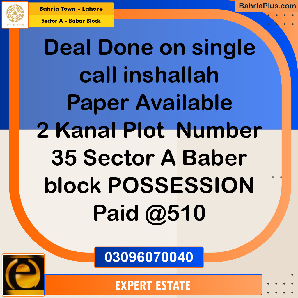 Residential Plot for Sale in Sector A - Babar Block -  Bahria Town, Lahore - (BP-178904)