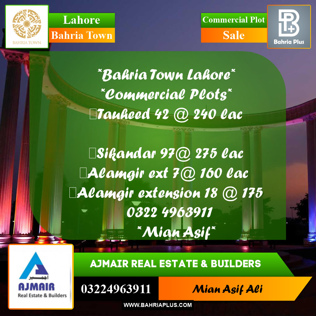 Commercial Plot for Sale in Sector F - Tauheed Block -  Bahria Town, Lahore - (BP-178987)