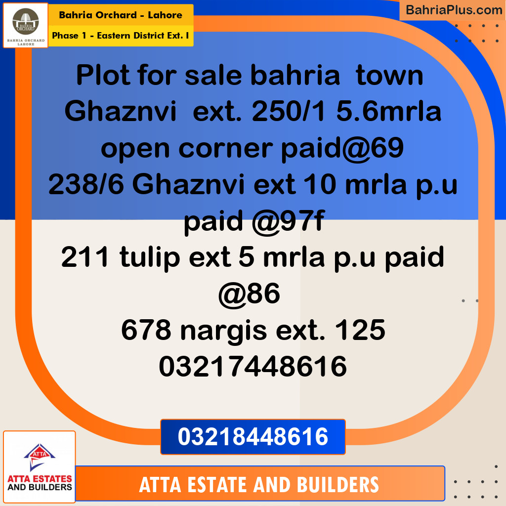 Residential Plot for Sale in Phase 1 - Eastern District Ext. I - Bahria Orchard, Lahore - (BP-179197)