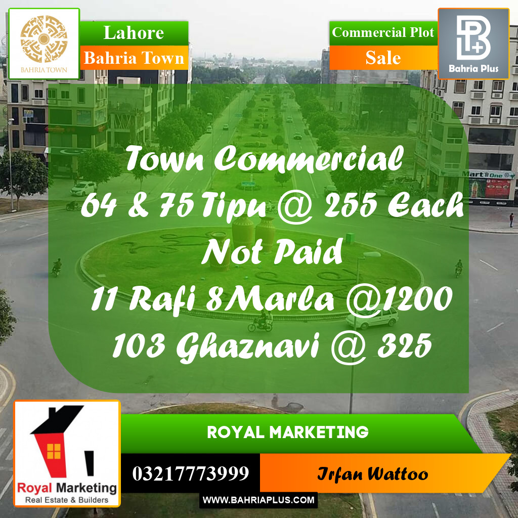 Commercial Plot for Sale in Sector F - Tipu Sultan Block - Bahria Town, Lahore - (BP-179533)