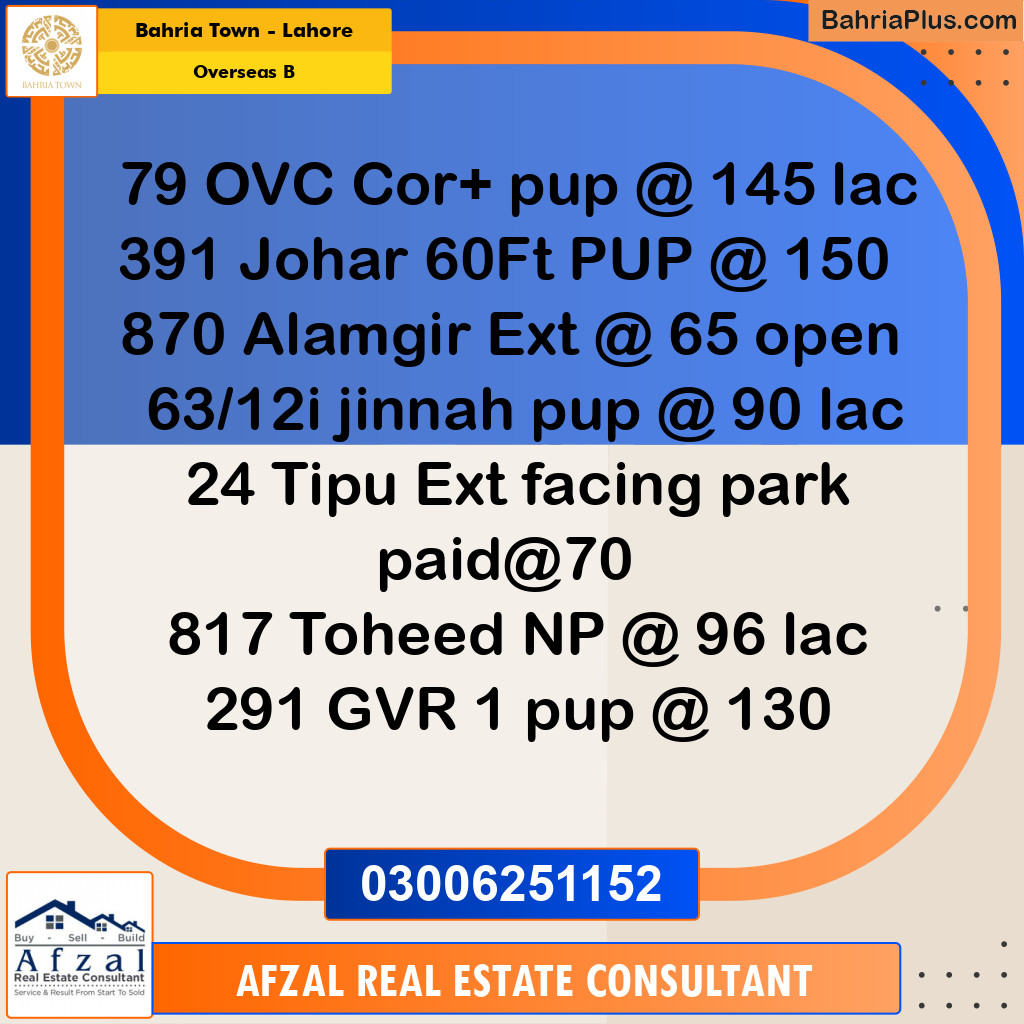 Residential Plot for Sale in Overseas B -  Bahria Town, Lahore - (BP-179593)