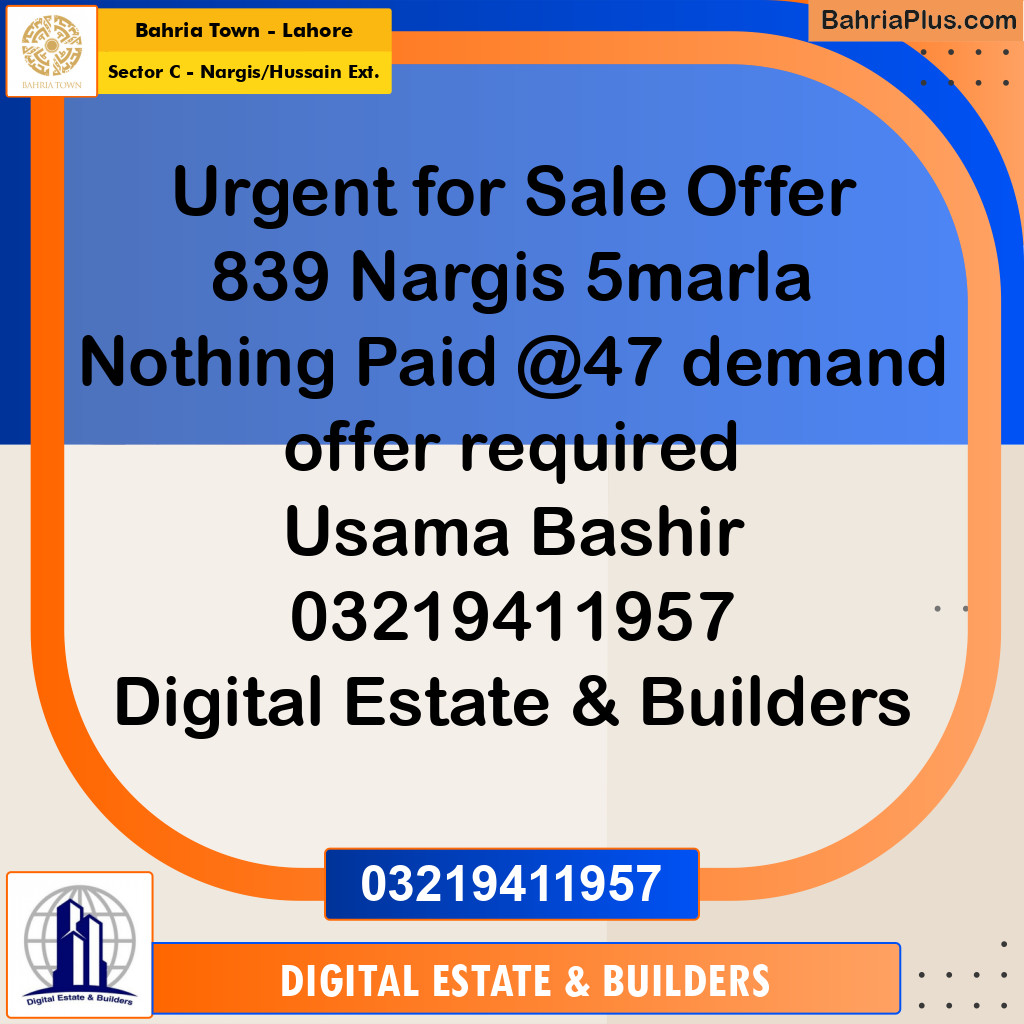 Residential Plot for Sale in Sector C - Nargis/Hussain Ext. -  Bahria Town, Lahore - (BP-179711)