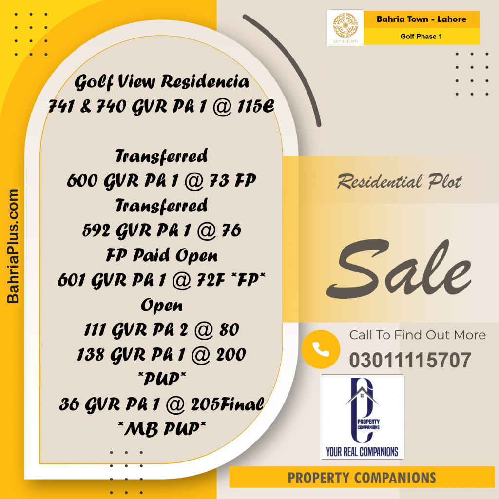 Residential Plot for Sale in Golf Phase 1 -  Bahria Town, Lahore - (BP-179779)