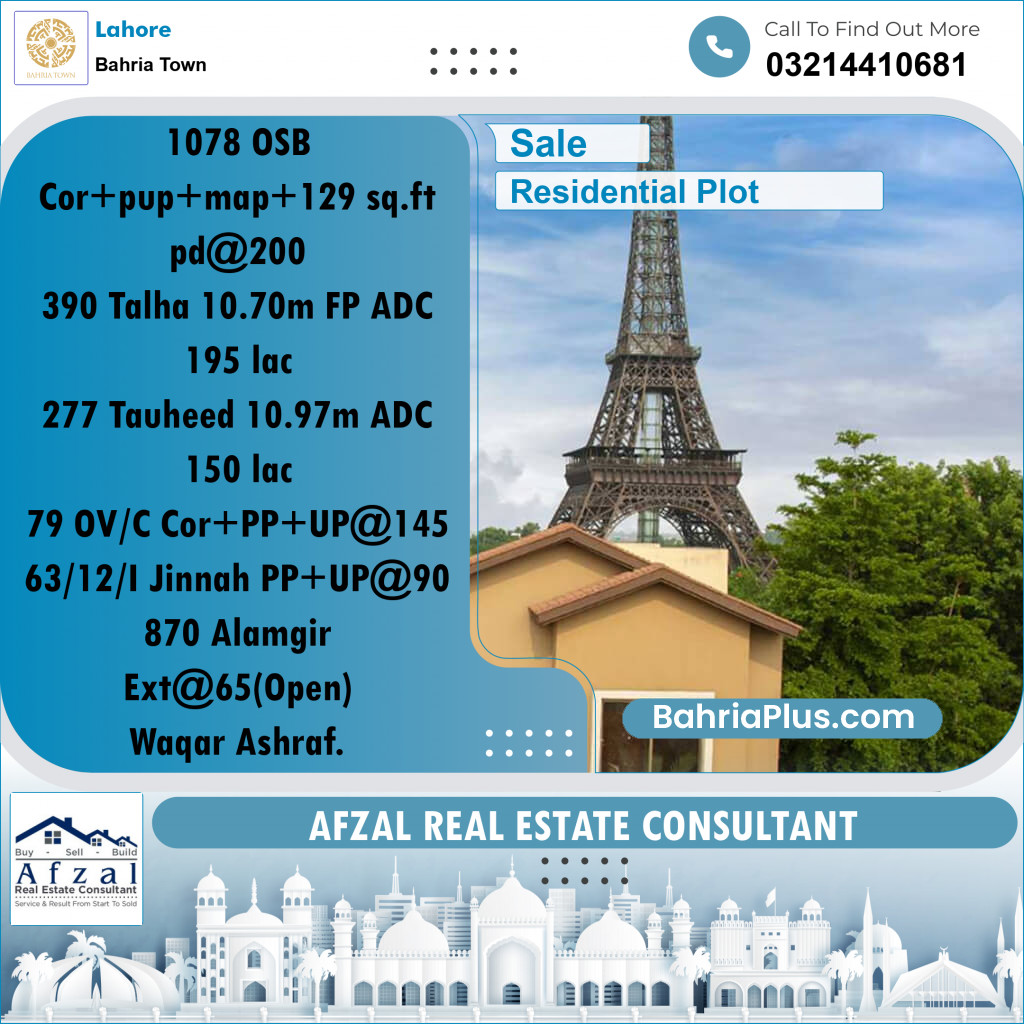 Residential Plot for Sale in Overseas B -  Bahria Town, Lahore - (BP-179831)