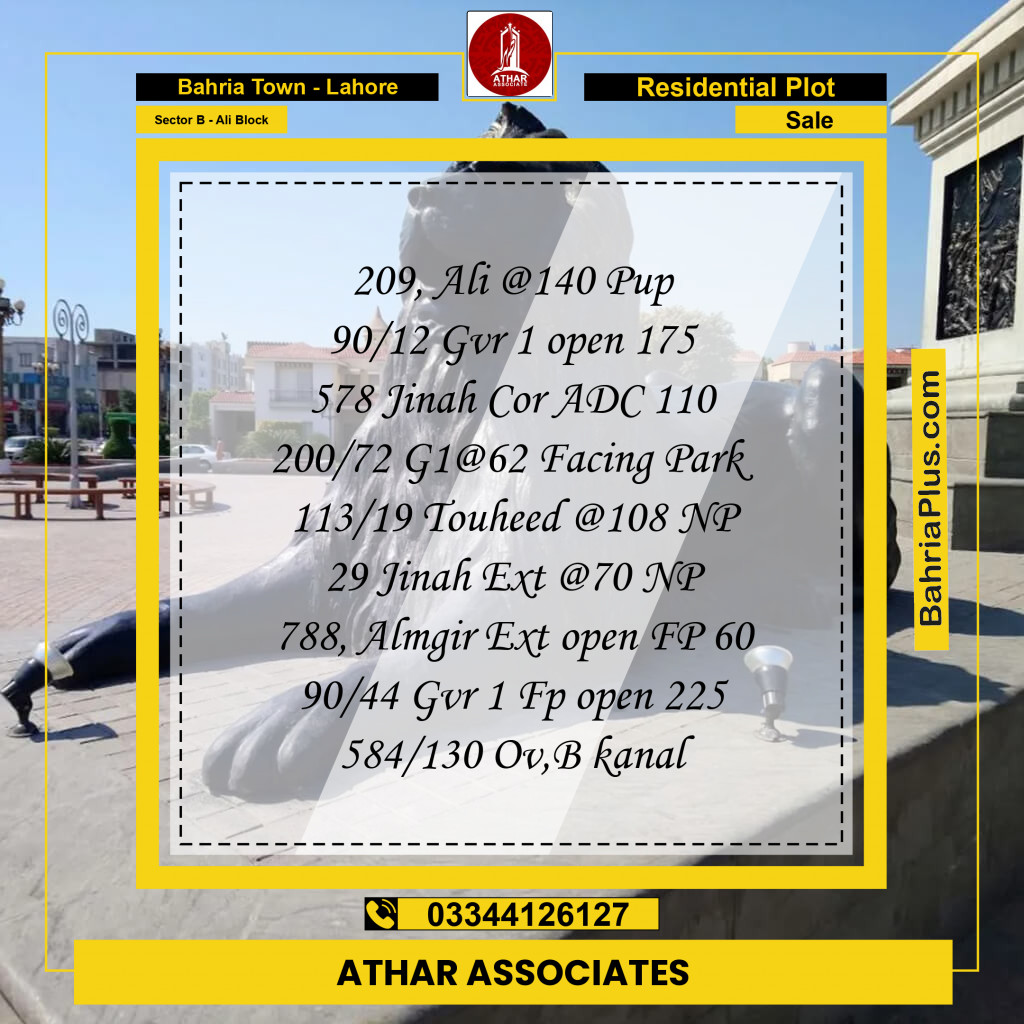 Residential Plot for Sale in Sector B - Ali Block - Bahria Town, Lahore - (BP-179834)