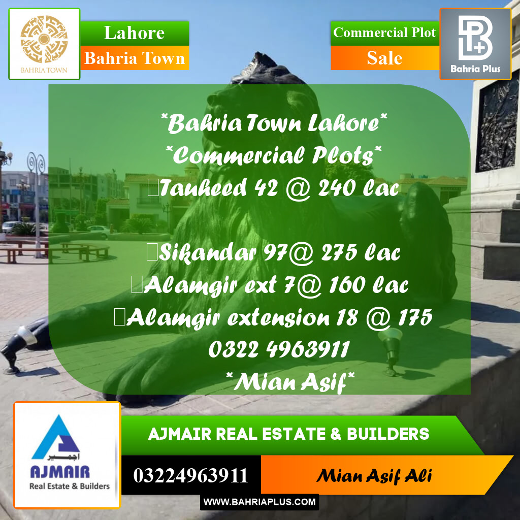 Commercial Plot for Sale in Sector F - Tauheed Block -  Bahria Town, Lahore - (BP-179848)