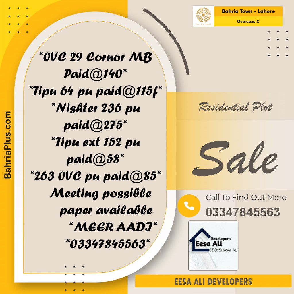 Residential Plot for Sale in Overseas C -  Bahria Town, Lahore - (BP-179883)